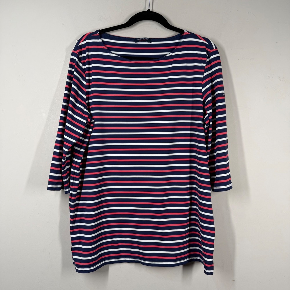 Saint James France Striped Boat Neck Top Navy Red White 3/4 Sleeve Size US 14